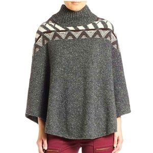 JOIE Ozora Nap Wool Mock Neck Poncho Gray Tweed Cape Size LARGE